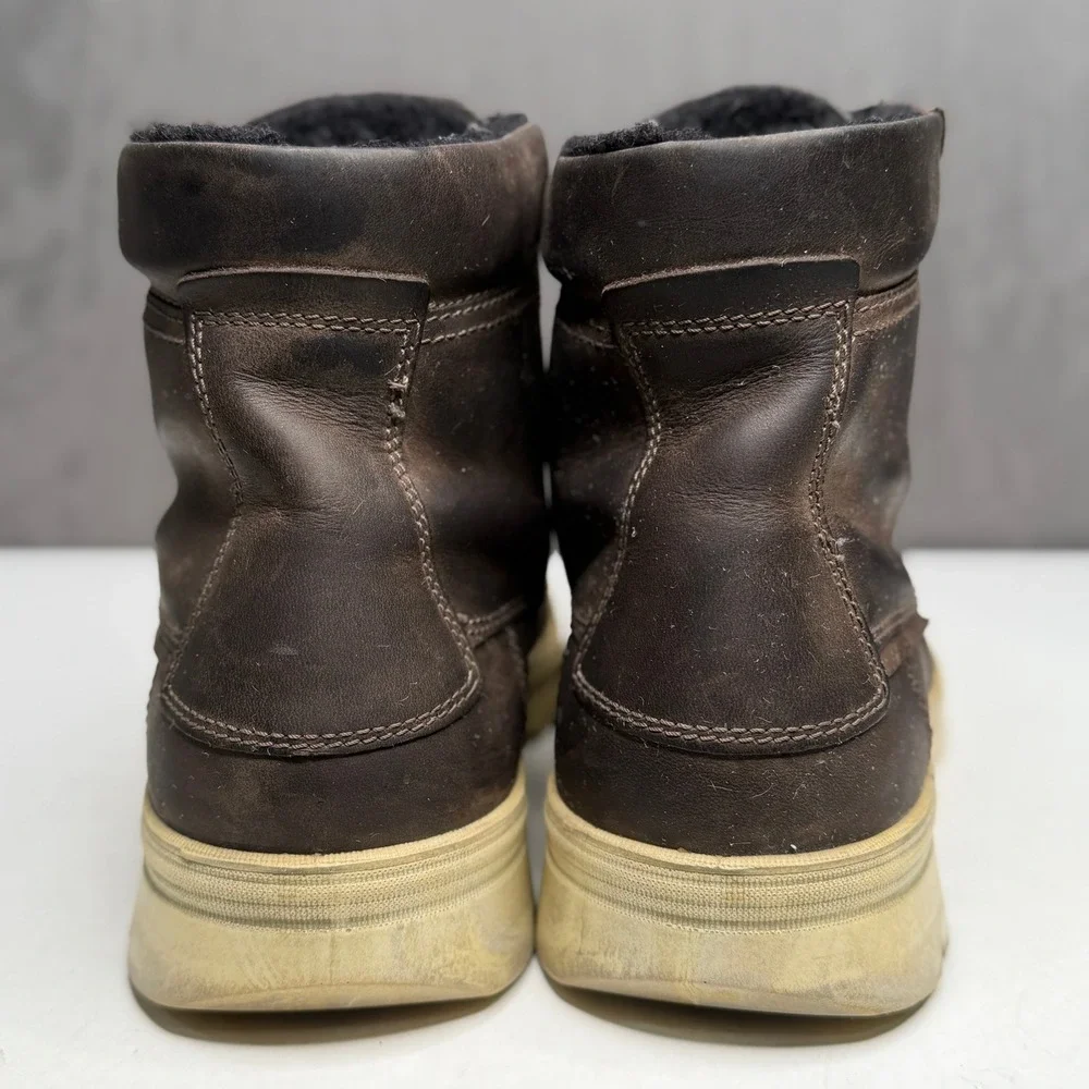 ECCO Boots Mens 44 Dark Brown Leather Moc Toe Shearling Lined Lace Up Rugged